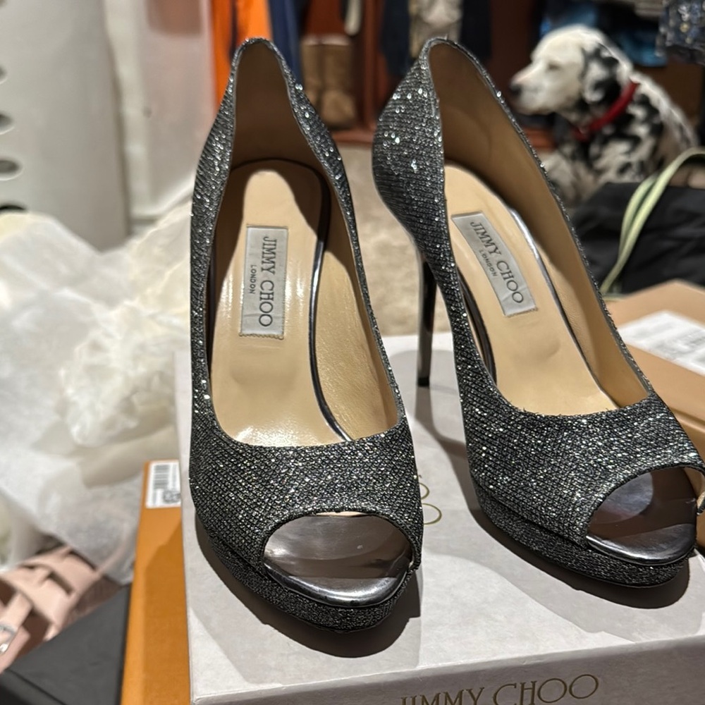 Jimmy Choo Women's Silver Peep-Toe Heels